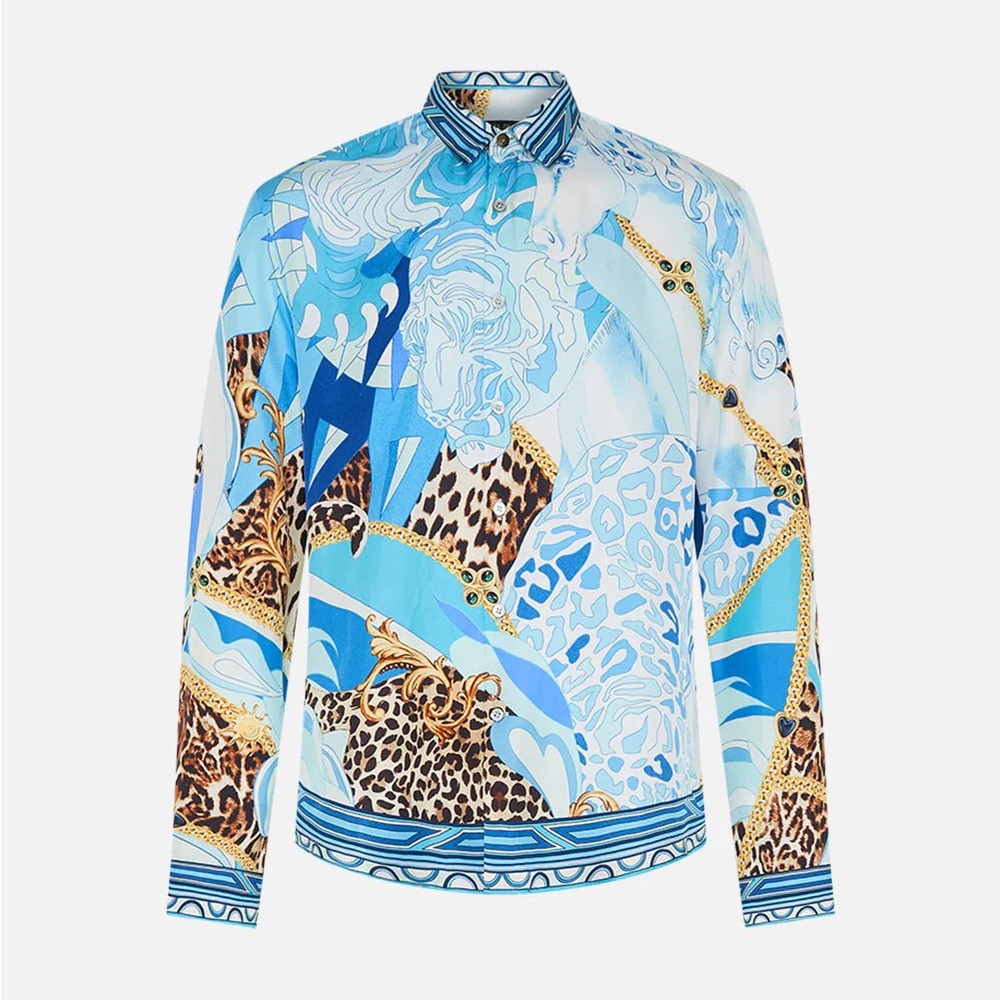 NWT Camilla Collared Long Sleeve Shirt Sky Cheetah by Camilla